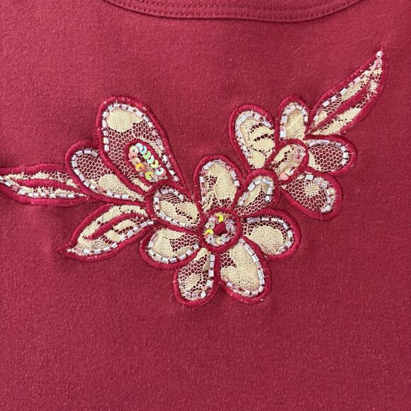 Indigo Moon Knit Maroon Pull On Floral Embroidery Sequined 3/4 Sleeve Shirt 1X - Picture 5 of 11